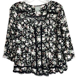 Maeve by Anthropologie Black/Pink Floral Print Tucked Crochet Trim Blouse Sz 8